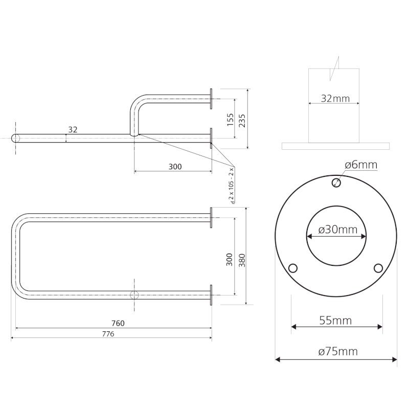 HANDICAP opěrné madlo LEVÉ 760mm, bílá XH532W