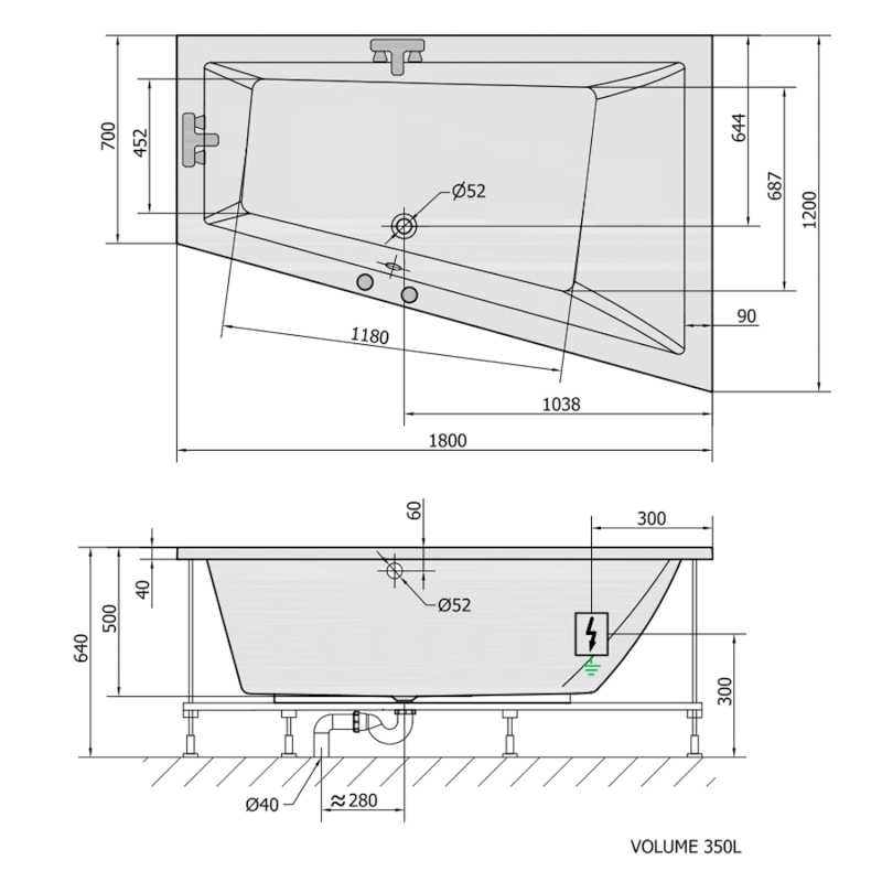 TRIANGL R hydromasážní vana, 180x120x50cm, Active Hydro-Air, chrom 20611.2010