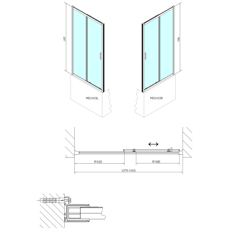 DEEP sprchové dveře posuvné 1400x1500mm, čiré sklo MD1415