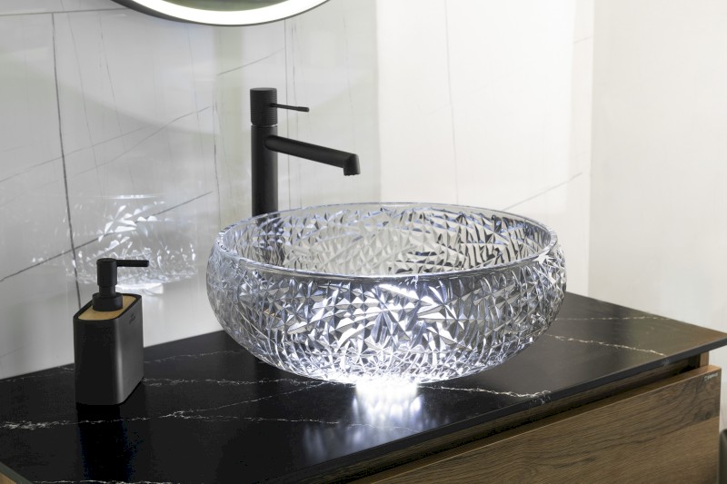 GAVIOTA skleněné gravírované umyvadlo na desku Ø 42cm, černá TY306