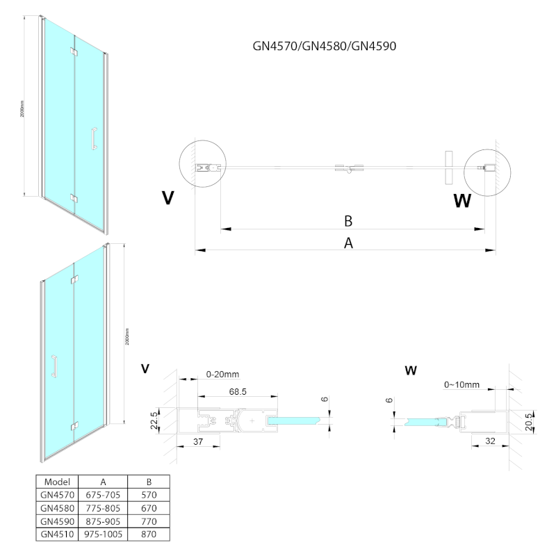 LORO sprchové dveře skládací 1000mm, čiré sklo GN4510