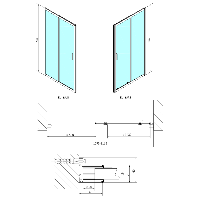 EASY BLACK sprchové dveře 1100mm, čiré sklo EL1115B