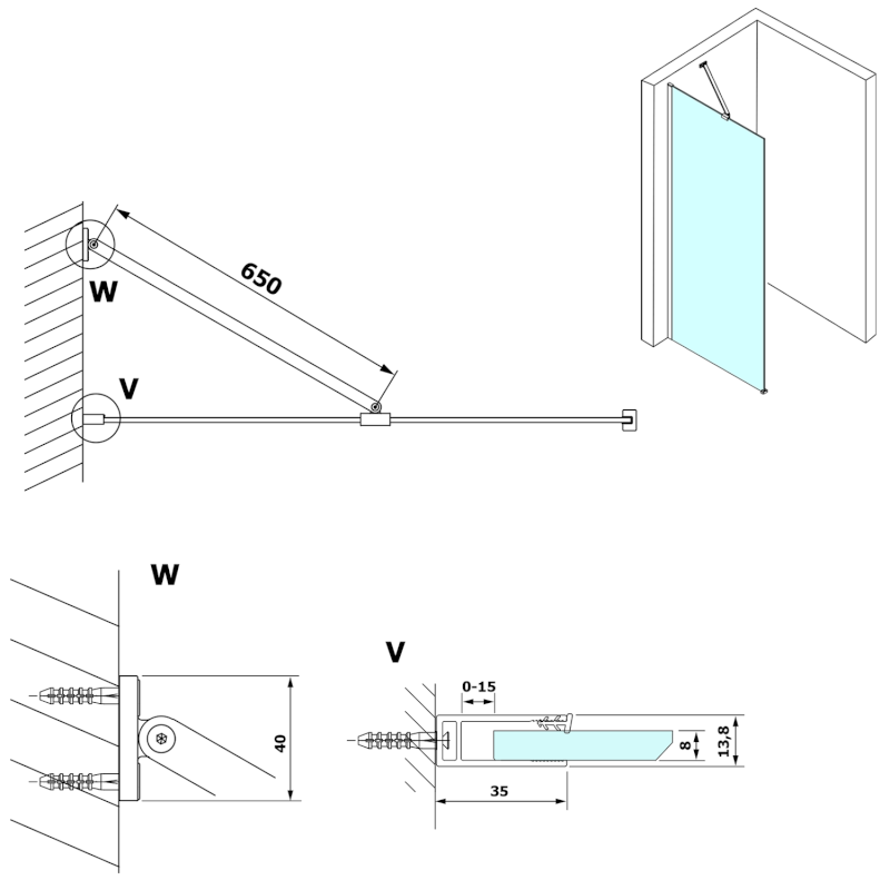VARIO rohová vzpěra 650mm, černá GX2014