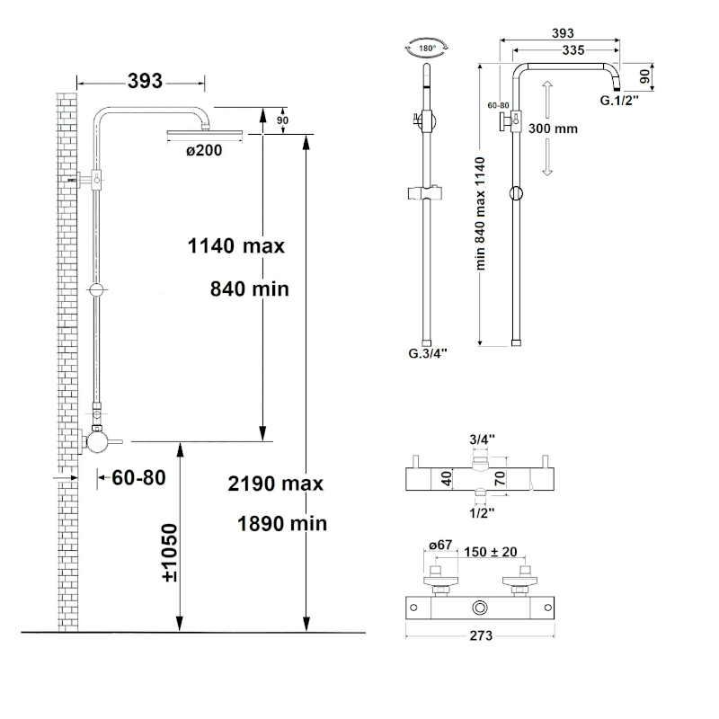 MIA sprchový sloup s pákovou baterií, černá mat MA139B