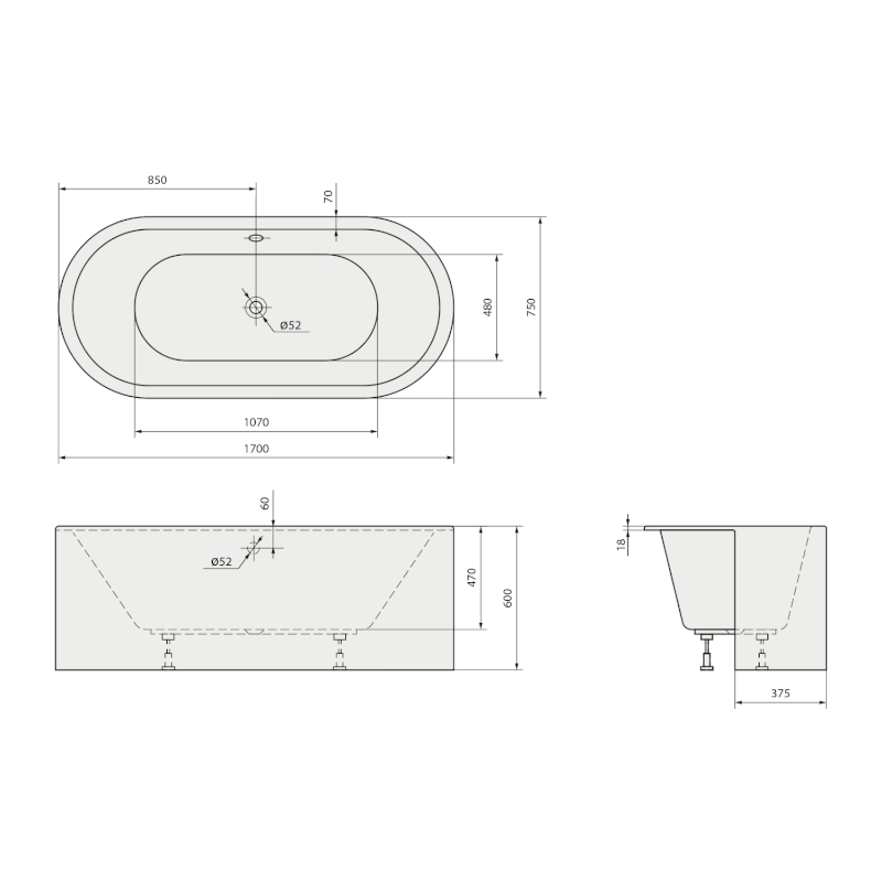VIVA C MONOLITH oválná polozápustná vana 170x75x60cm, bílá 79119CM