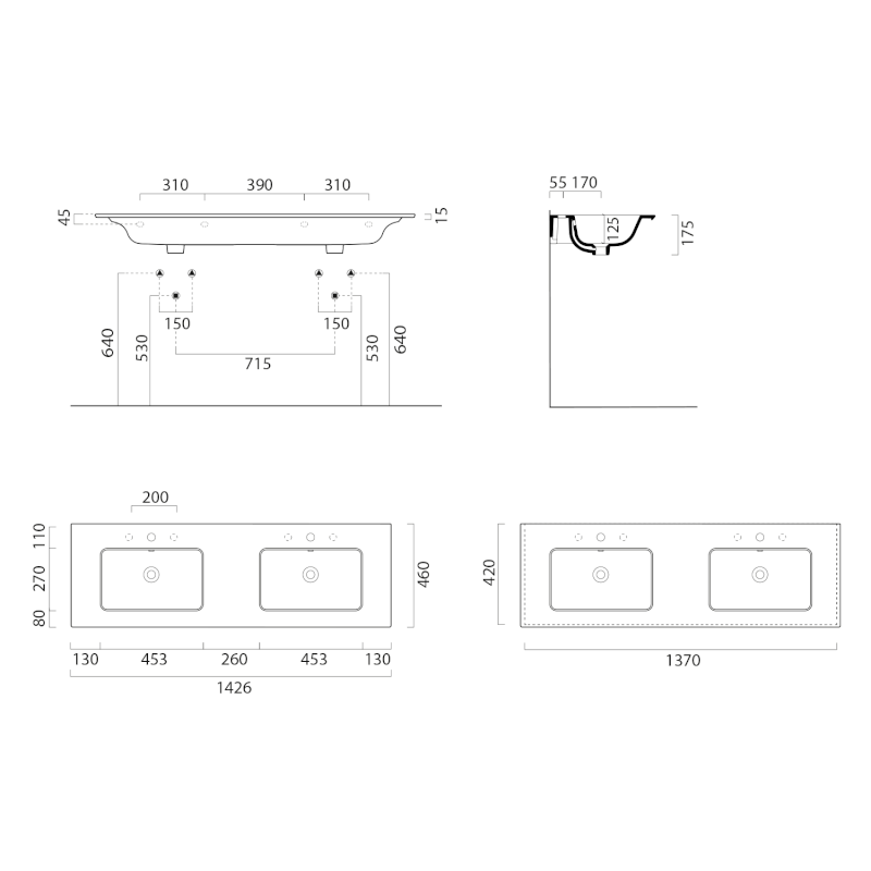 PURA keramické dvojumyvadlo Slim 142x46cm, creta mat 8889108