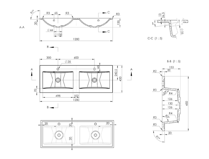 YUKON dvojumyvadlo, litý mramor, 120x45cm, bílá YU120