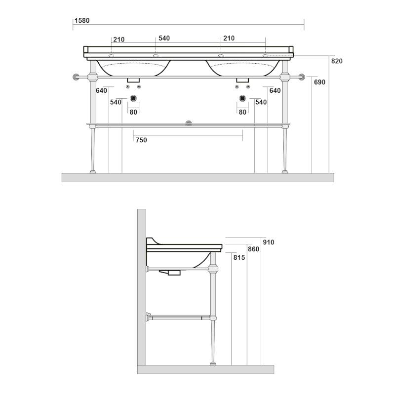 WALDORF konstrukce pro dvojumyvadlo 150cm se skleněnou poličkou, chrom 9195K1