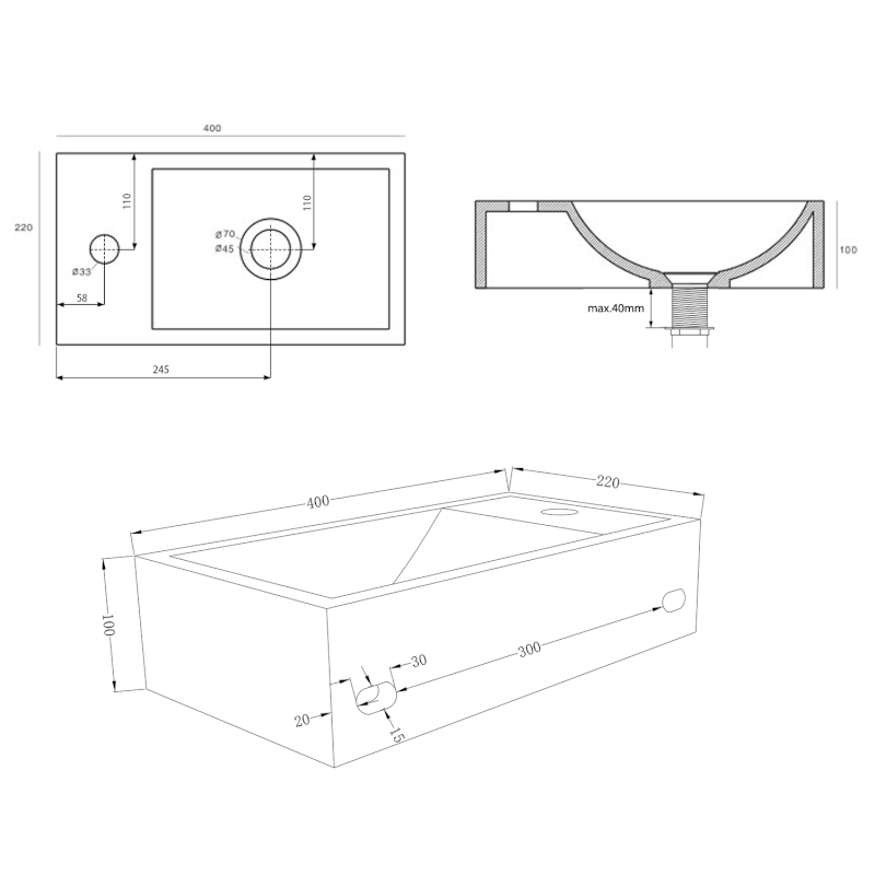 CREST L betonové umývátko, nástěnné, včetně výpusti, 40x22cm, bílý pískovec AR410