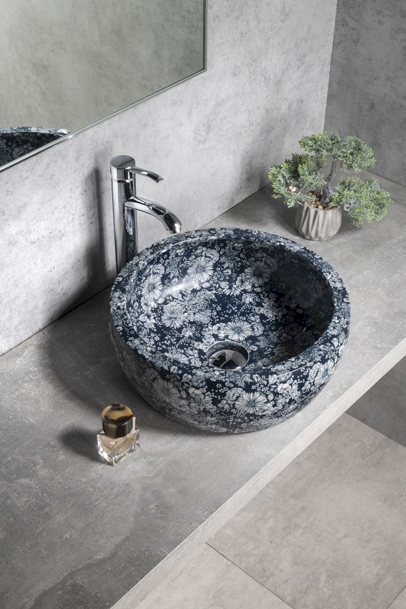 PRIORI keramické umyvadlo na desku, Ø 41 cm, modré květy PI038