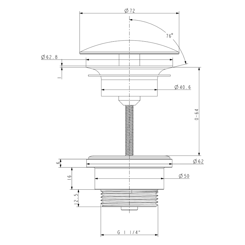Umyvadlová výpust 5/4“, neuzavíratelná, velká zátka, 5-55mm, zlato UD52556P