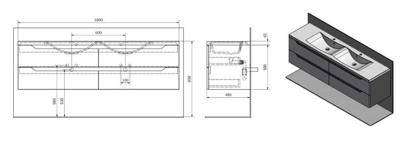 WAVE dvojumyvadlová skříňka 179,7x50x47,8cm, bílá WA180-3030