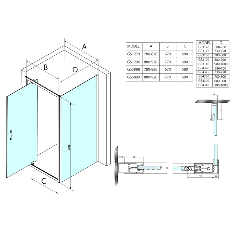 SIGMA SIMPLY boční stěna, 1000 mm, sklo Brick GS4310