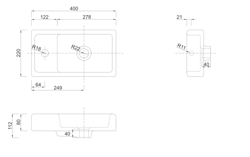 Keramické umývátko, nábytkové, 40x22 cm, bílá DD4022