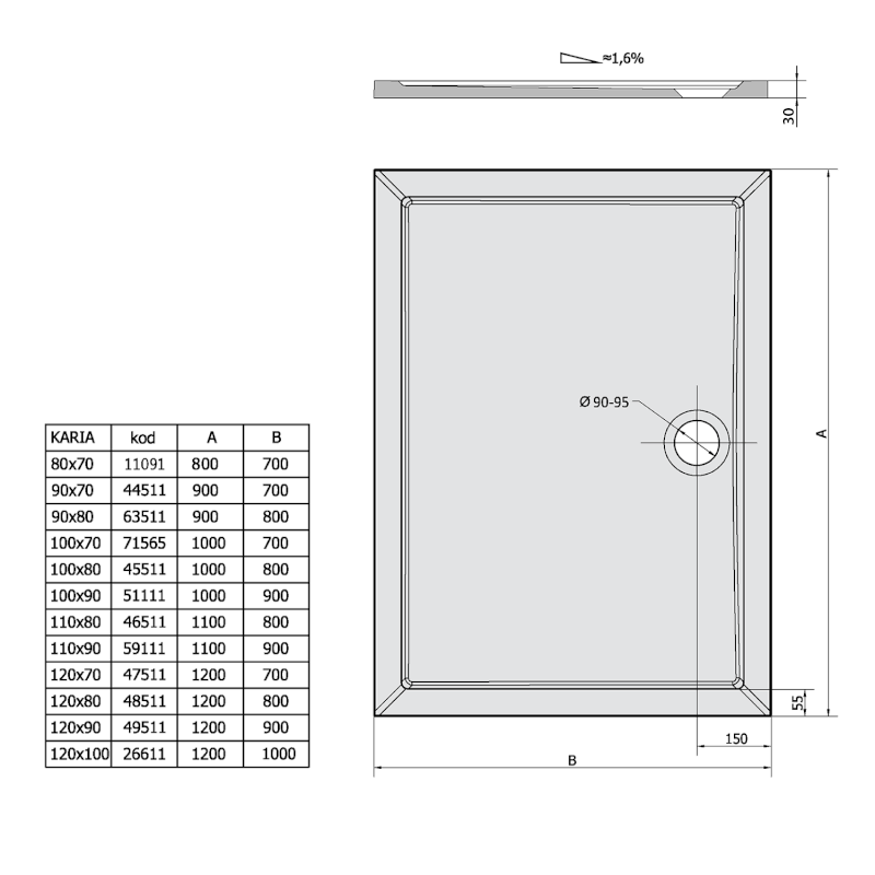 KARIA sprchová vanička z litého mramoru, obdélník 110x90cm, bílá 59111