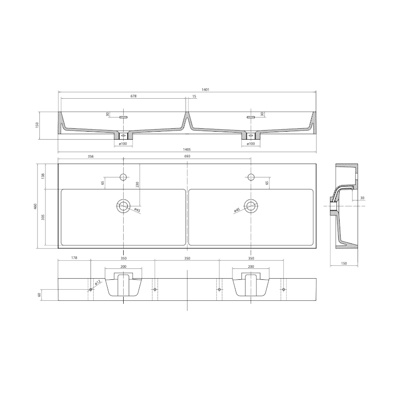 AQUATIC umyvadlo, litý mramor, 140x46cm, bílá AT140