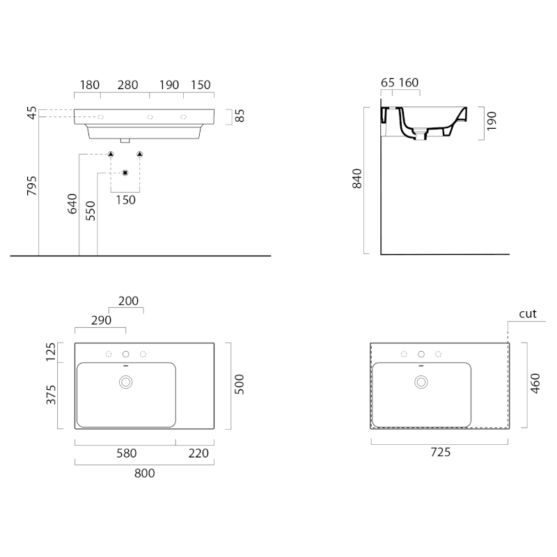 NUBES keramické umyvadlo 80x50cm, s odkládací plochou vpravo, bílá mat 9629109