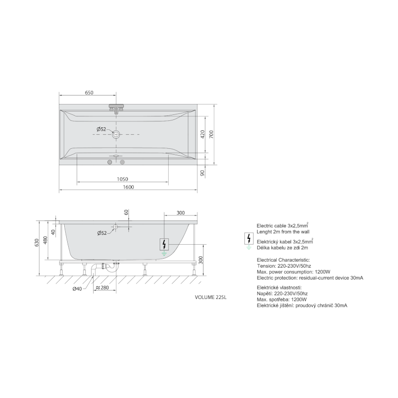 CLEO hydromasážní vana, 160x70x48cm, Active Hydro, chrom 73611.1010