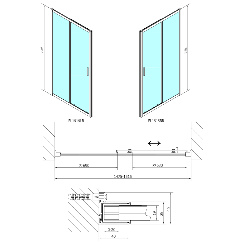 EASY BLACK sprchové dveře 1500mm, čiré sklo EL1515B