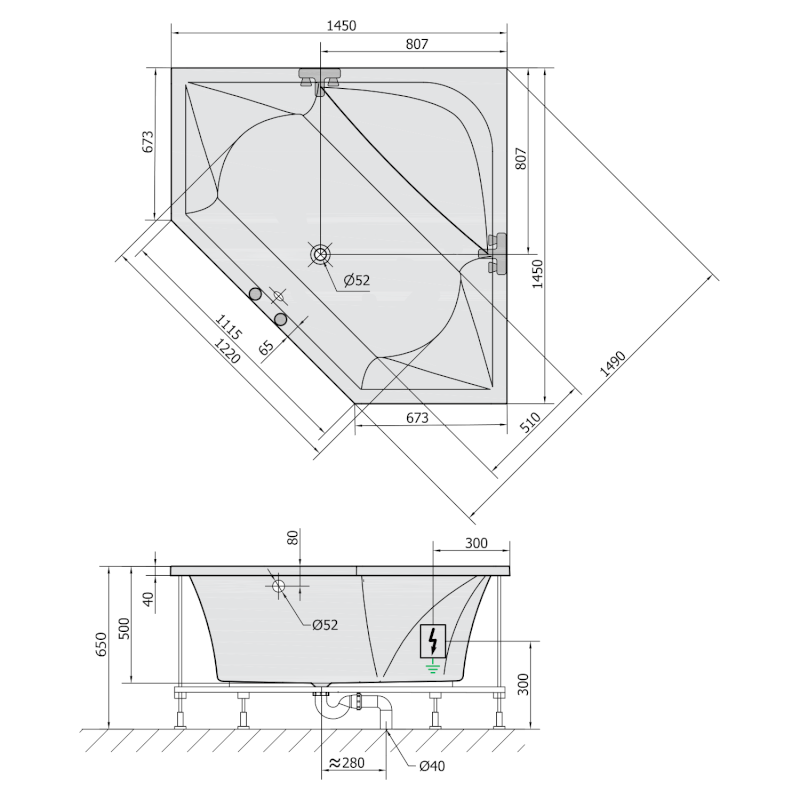 FLOSS hydromasážní vana, 145x145x50cm, Highline Hydro, chrom 98611.5010