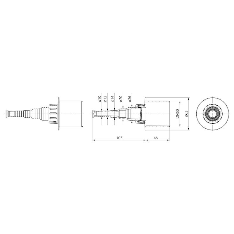 HT koncovka se zpětnou klapkou pro připojení hadice 10-26mm, DN50 168.442.0