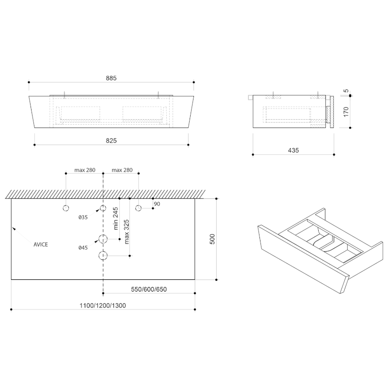 TWIGA PLUS umyvadlová zásuvka 88,5x17x43,5cm, černá mat VC460-3535