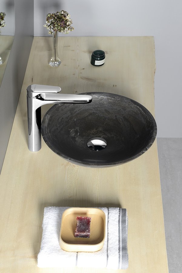 BLOK 1 kamenné umyvadlo na desku Ø 40cm, matný tmavý kámen 2401-02