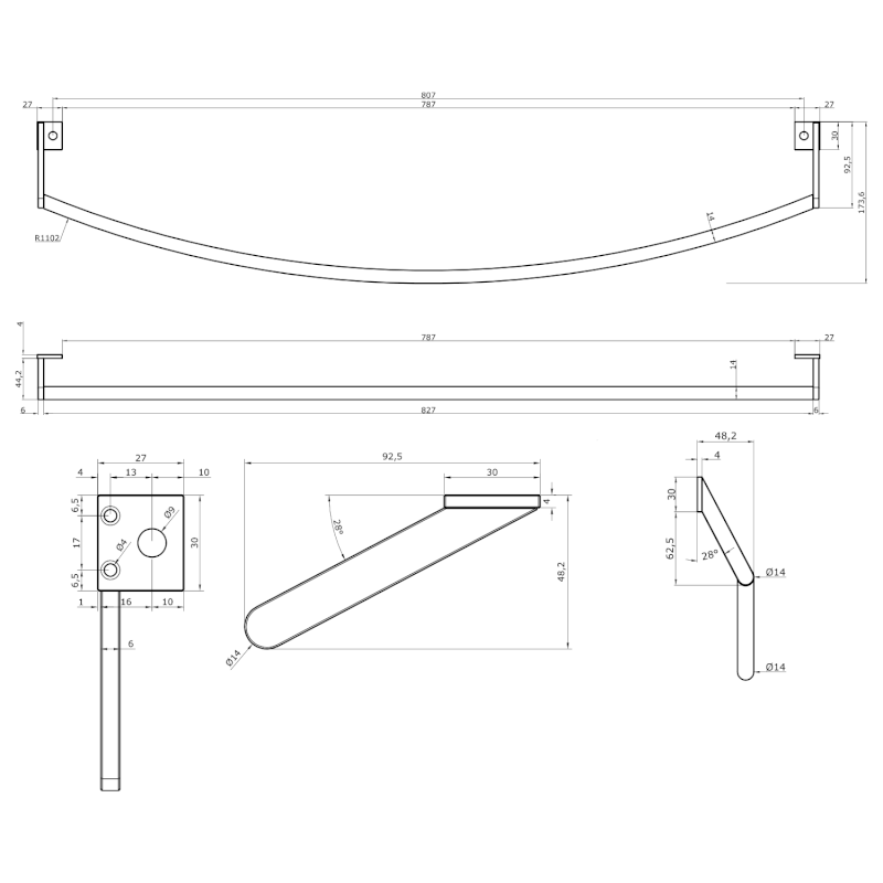 PURA čelní držák ručníků 102cm, chrom PAPR102
