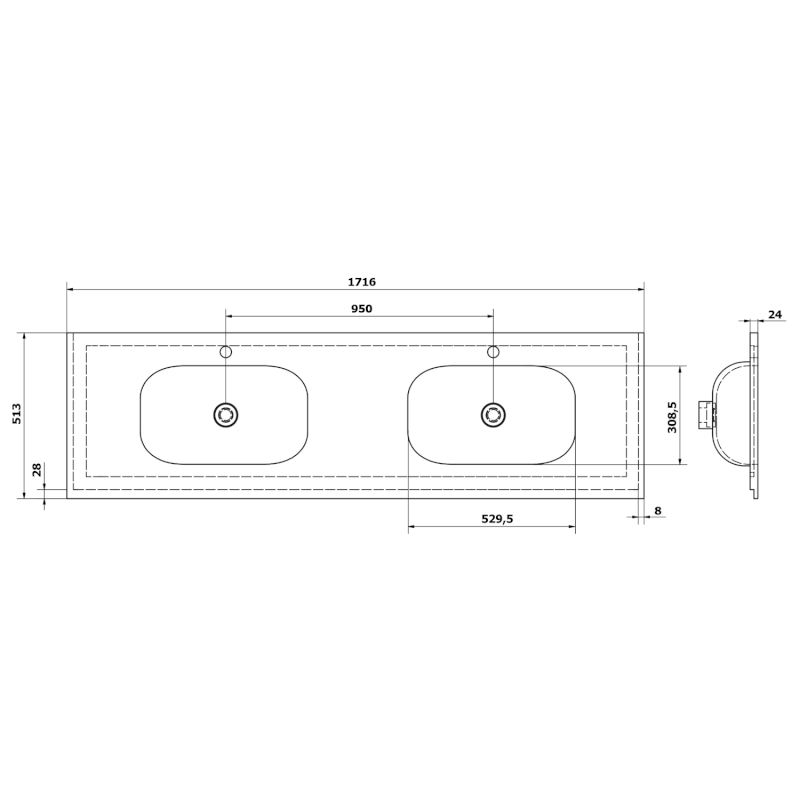 TREOS dvojumyvadlo 171,6x51,3 cm (75+20+75), rockstone, bílá mat TS172-0101