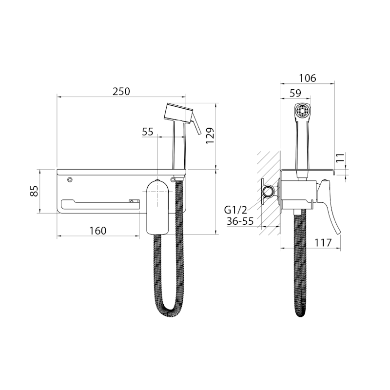 Podomítková bidetová baterie se Stop sprškou a držákem toaletního papíru, gun metal TJ040GM