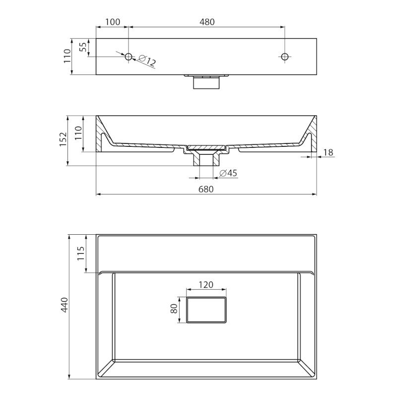 GODIVA umyvadlo, litý mramor, 68x44cm, bez otvoru, bílá GU068-0