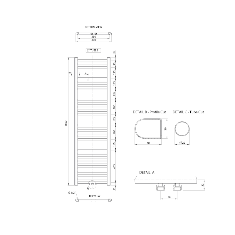 ALYA otopné těleso rovné 400x1600mm, středové připojení, chrom LLS309