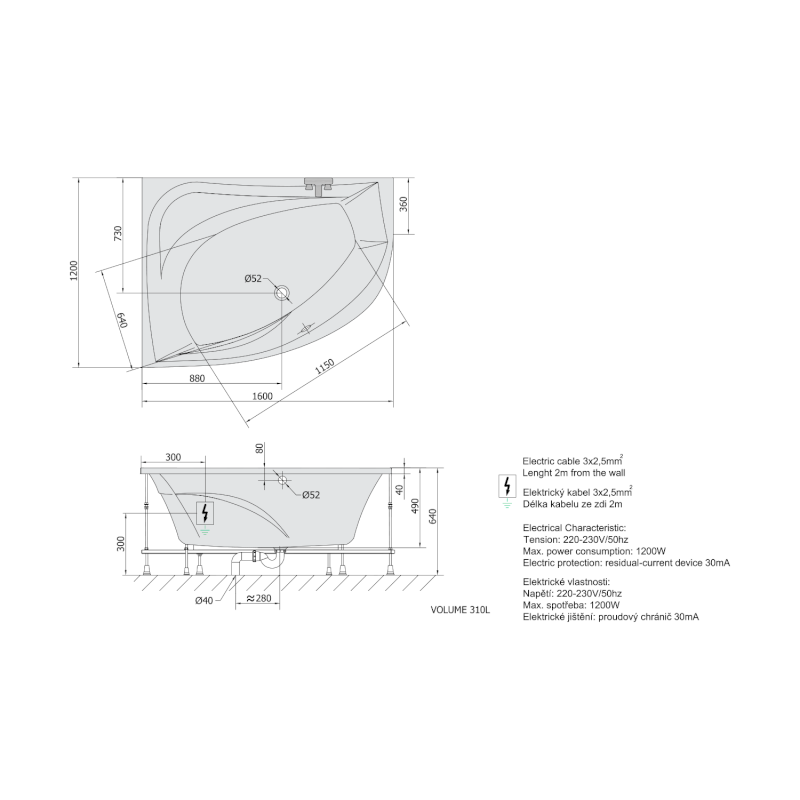 TANYA L hydromasážní vana, 160x120x49cm, Attraction Hydro-Air, chrom 65119.4010