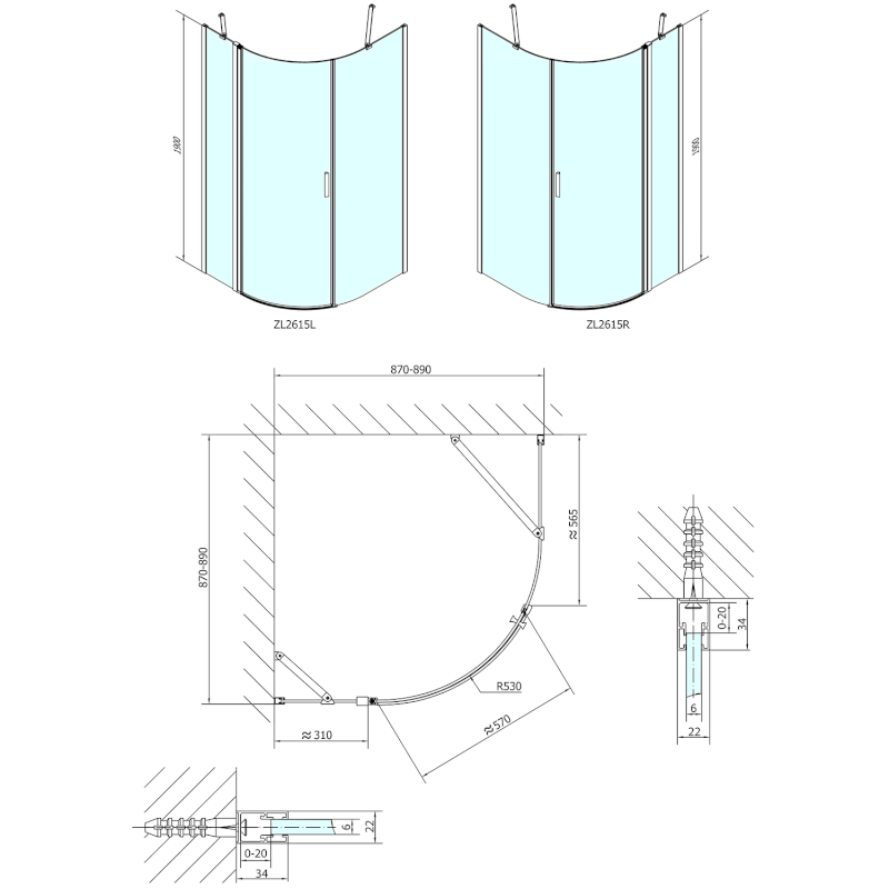 ZOOM čtvrtkruhová sprchová zástěna 900x900mm, čiré sklo, levá ZL2615L