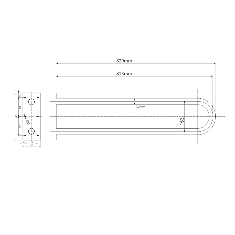 HANDICAP opěrné pevné madlo tvar U 813mm, nerez lesk XH540