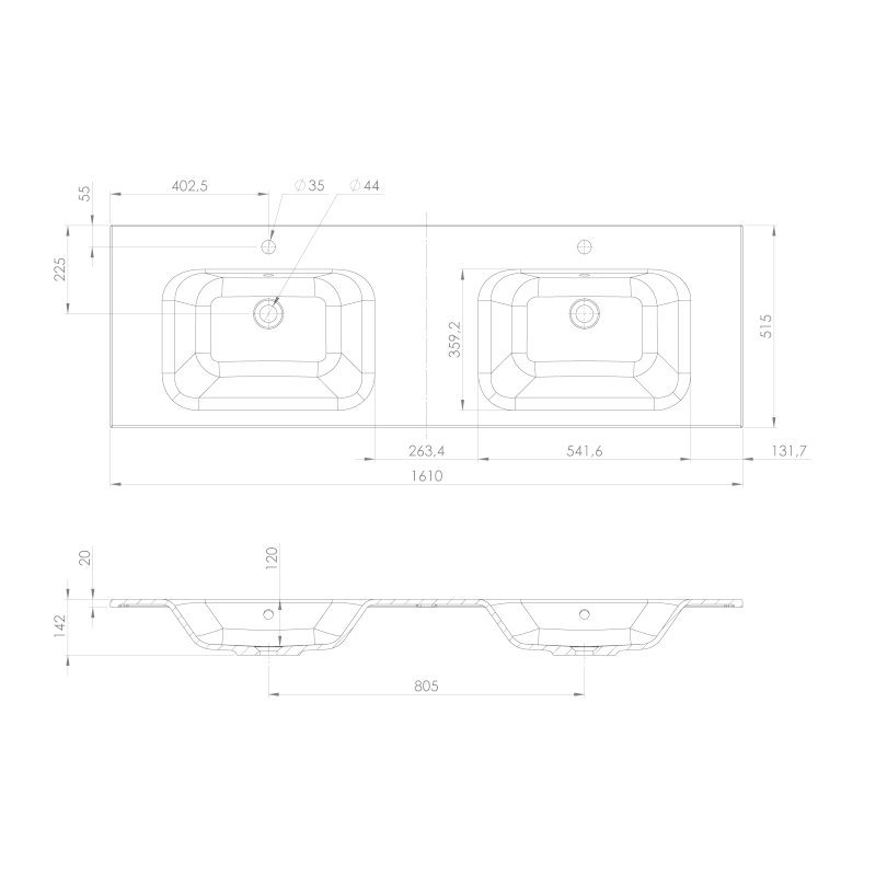 ARECA dvojumyvadlo, litý mramor, 161x51,5cm, bílá AC161