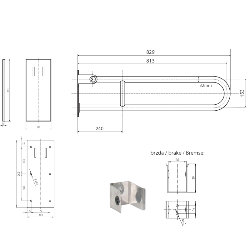 HANDICAP madlo sklopné 813mm, černá mat XH518B