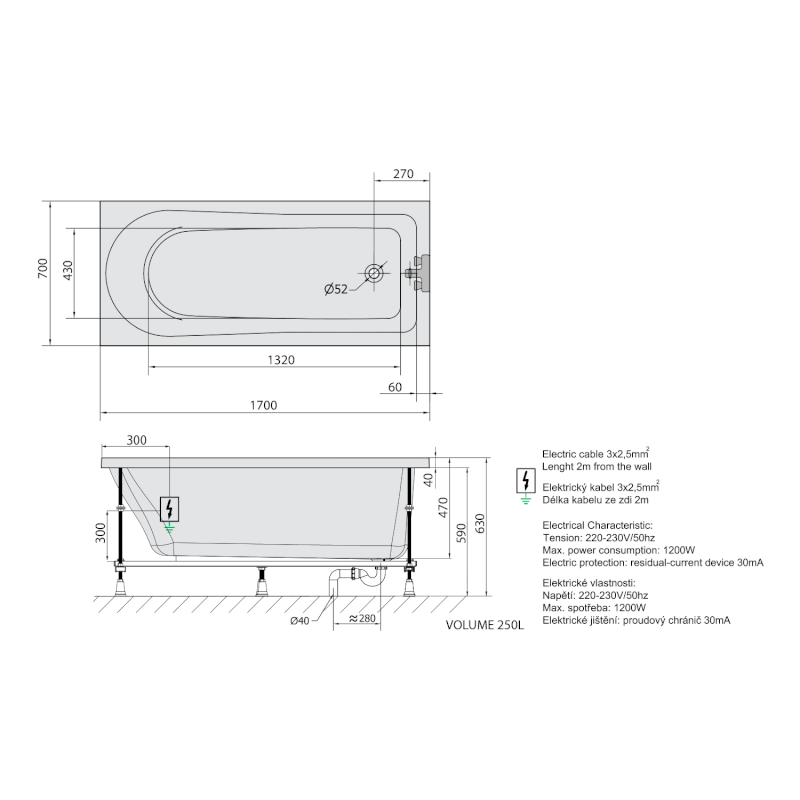LISA hydromasážní vana, 170x70x47cm, Active Hydro-Air, chrom 87111.2010