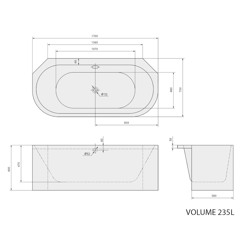 VIVA A MONOLITH rohová vana 170x75x60cm, bílá 89119MA
