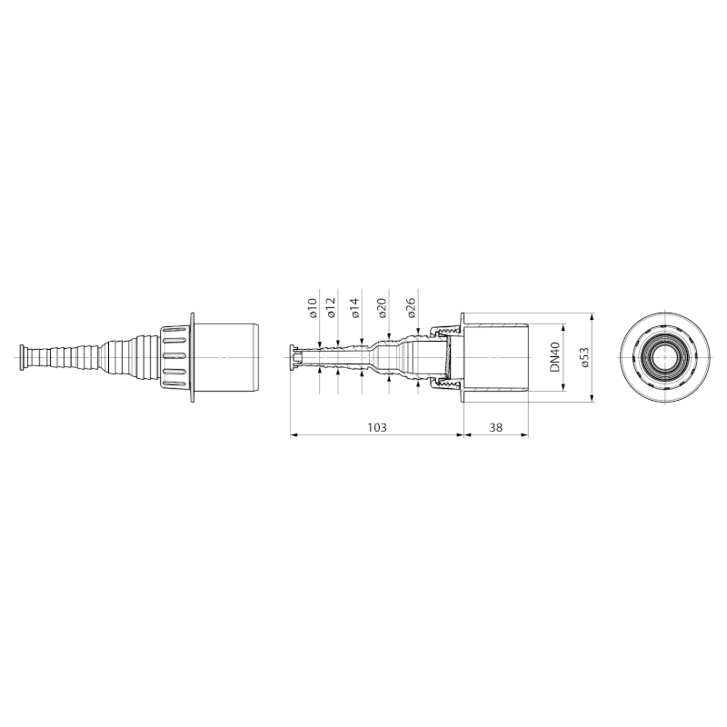 HT koncovka se zpětnou klapkou pro připojení hadice 10-26mm, DN40 168.441.0
