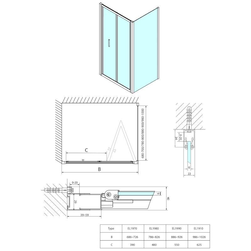 EASY sprchové dveře skládací 900mm, čiré sklo EL1990