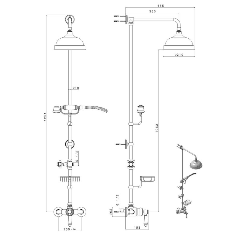 VIENNA sprchový sloup s pákovou baterií, mýdlenka, 1291mm, chrom VO138