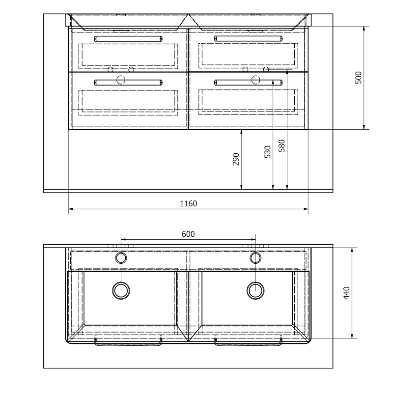 THEIA dvojumyvadlová skříňka 116x50x44,2cm, 4xzásuvka, borovice rustik TH120-1616
