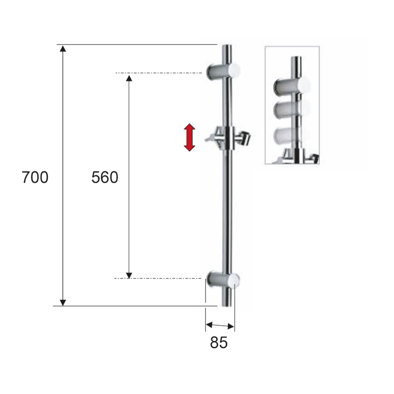 Sprchová tyč, posuvný držák, kulatá, 700mm, černá mat SC015