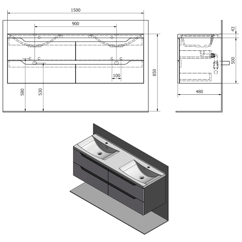WAVE dvojumyvadlová skříňka 149,7x50x47,8cm, bílá/dub cuneo WA150-3025
