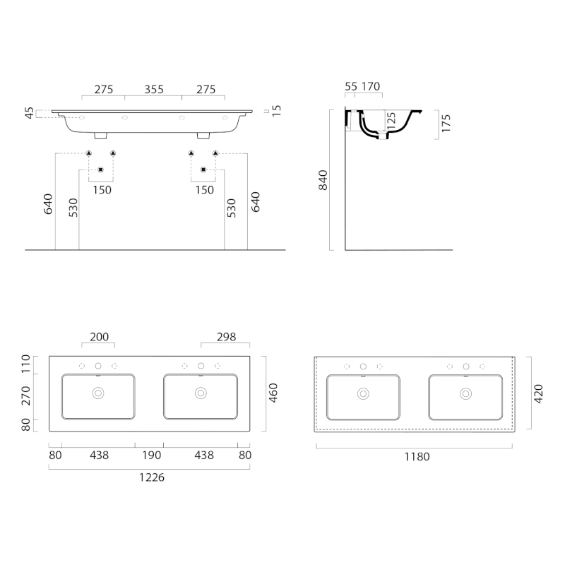 PURA keramické dvojumyvadlo Slim 122x46cm, creta mat 8888108