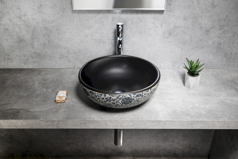 PRIORI keramické umyvadlo na desku, Ø 41cm, černá s modrým vzorem PI034