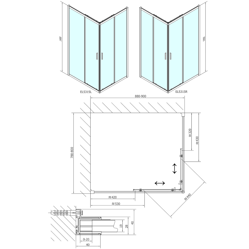 EASY obdélníková sprchová zástěna 900x800mm, čiré sklo EL5315