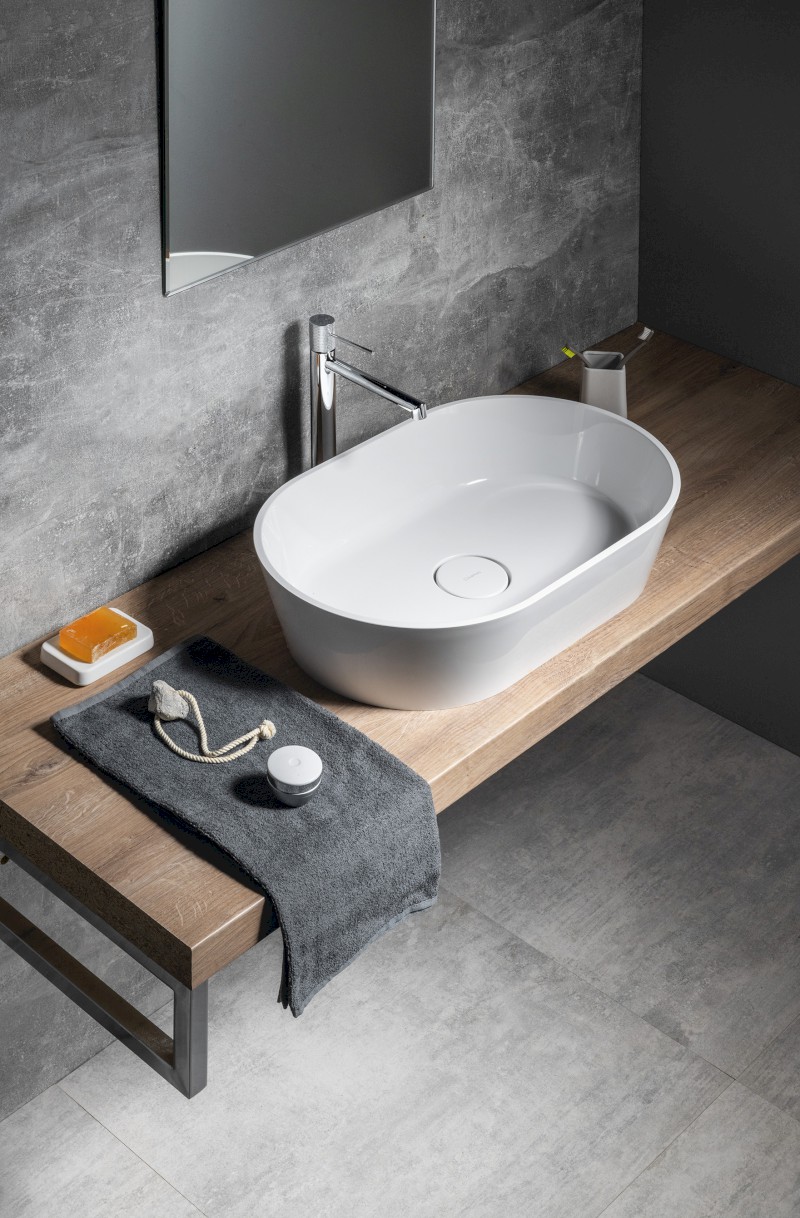 GERANO umyvadlo na desku, litý mramor, 60x38cm, kryt výpusti, bílá GN600