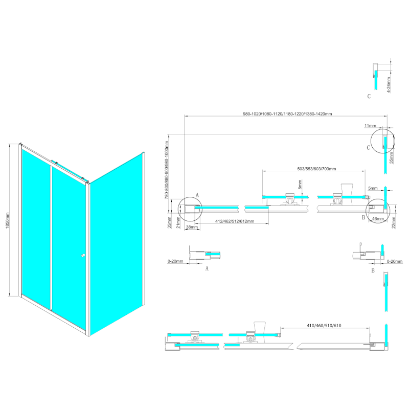 UGGA boční stěna, 800mm, sklo Brick, bílá AWP80